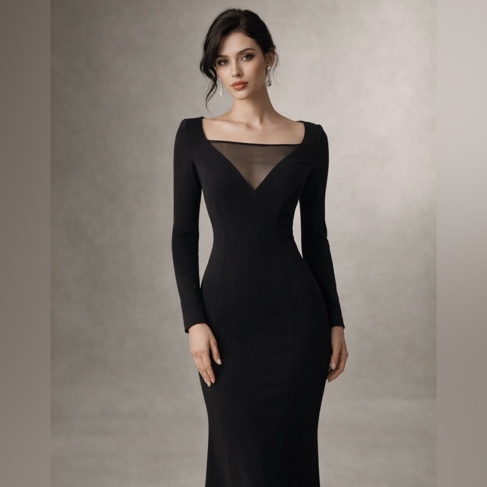 Vtg Tadashi Shoji Dress Womens Fits Sz S Black 90's Gothic Glam Square Neck Mesh